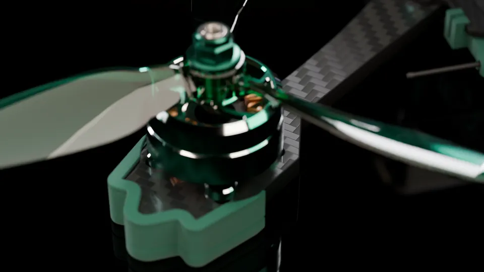 Render: close-up of a clean-fork motor mount with its tip-cap foot